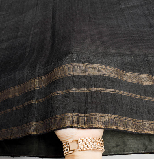 Sushila Vintage Pure Khadi Silk Handloom Saree Black Stripes Woven Sari Fabric