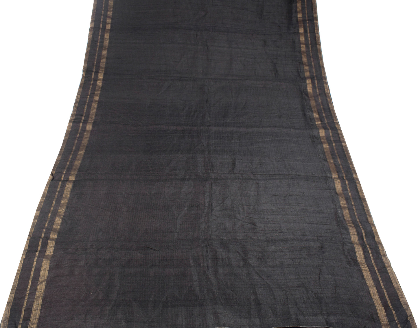 Sushila Vintage Pure Khadi Silk Handloom Saree Black Stripes Woven Sari Fabric