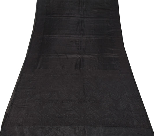 Sushila Vintage Black Woven Saree Pure Silk 5YD Sari Craft Fabric