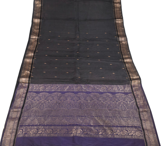 Sushila Vintage Handwoven Pure Black Silk Saree Zari Brocade Sari Craft Fabric