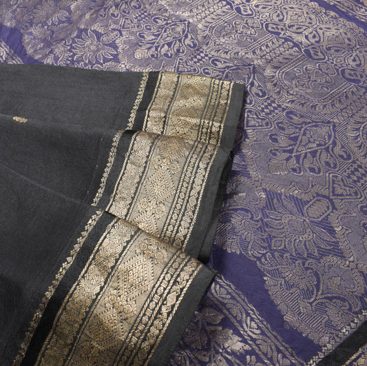 Sushila Vintage Handwoven Pure Black Silk Saree Zari Brocade Sari Craft Fabric