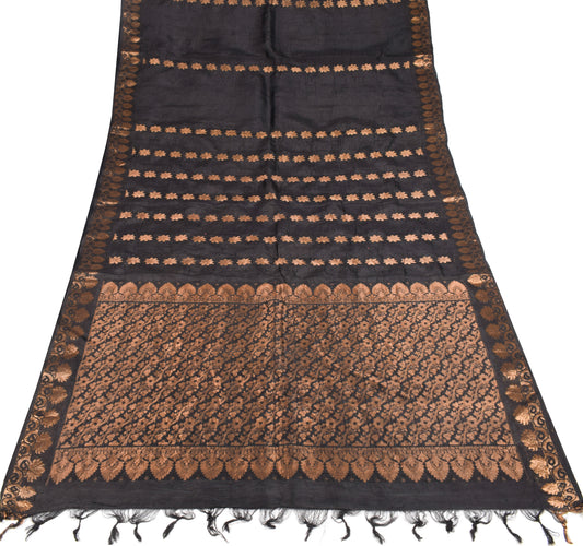 Sushila Vintage Banarasi Brocade Saree Pure Silk Floral Black Sari Craft Fabric