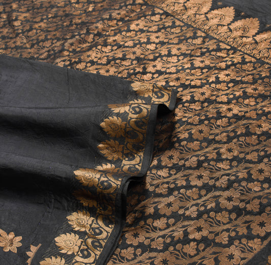 Sushila Vintage Banarasi Brocade Saree Pure Silk Floral Black Sari Craft Fabric