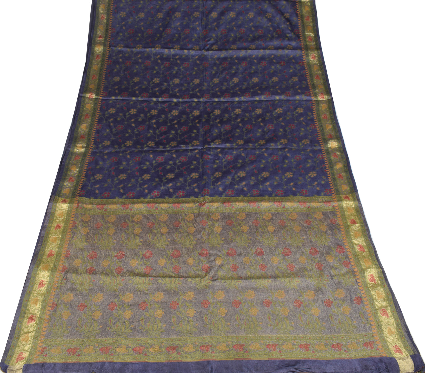 Sushila Vintage 100% Pure Tussar Silk  Saree Floral Woven Blue Sari Fabric