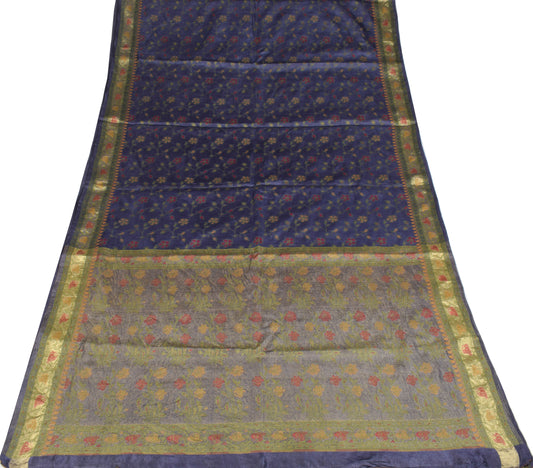 Sushila Vintage 100% Pure Tussar Silk  Saree Floral Woven Blue Sari Fabric