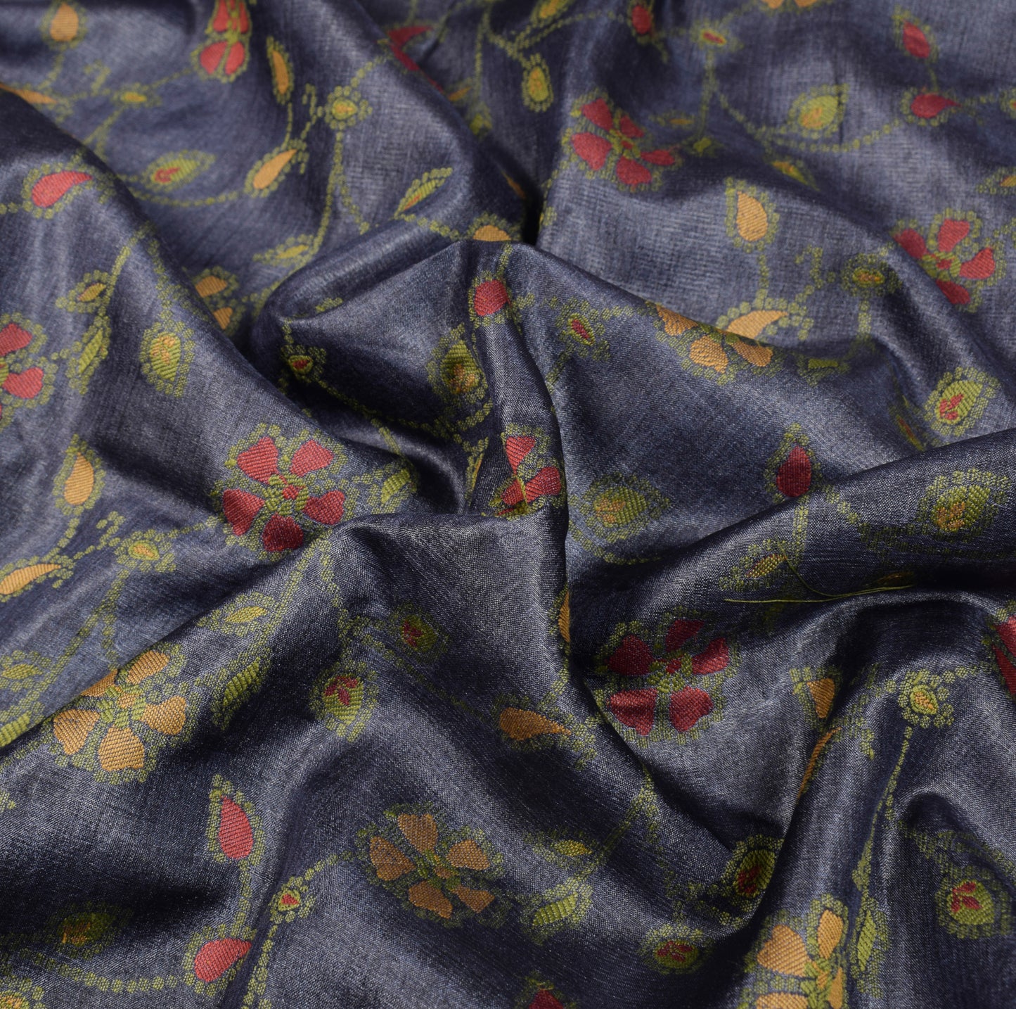 Sushila Vintage 100% Pure Tussar Silk  Saree Floral Woven Blue Sari Fabric
