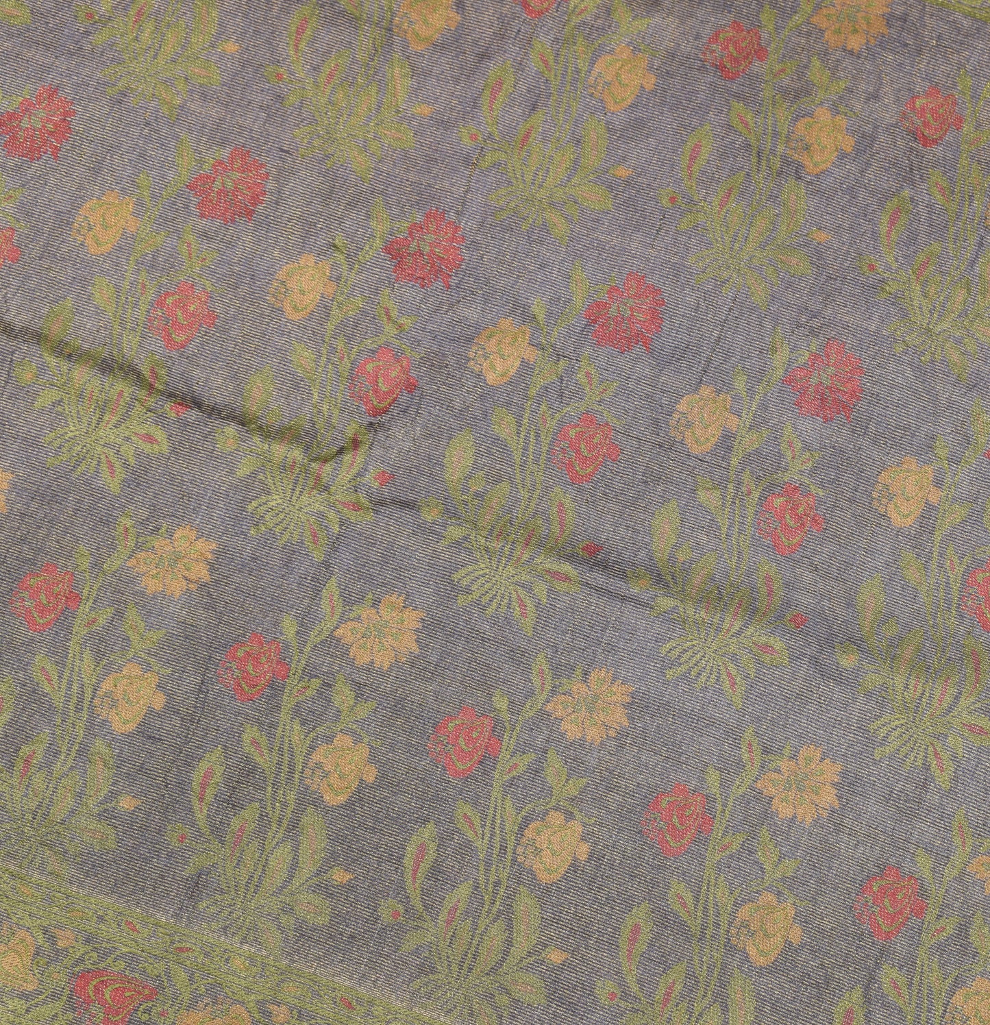 Sushila Vintage 100% Pure Tussar Silk  Saree Floral Woven Blue Sari Fabric