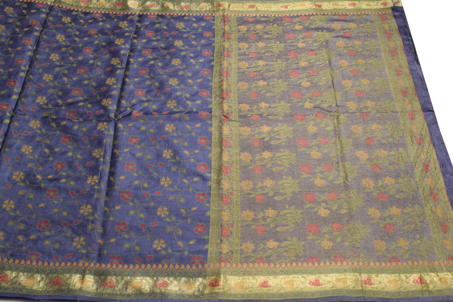 Sushila Vintage 100% Pure Tussar Silk  Saree Floral Woven Blue Sari Fabric