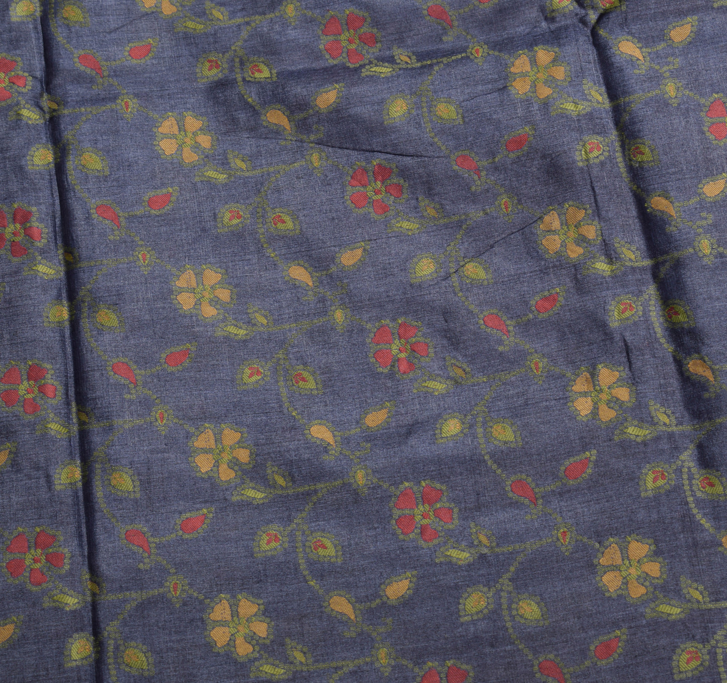 Sushila Vintage 100% Pure Tussar Silk  Saree Floral Woven Blue Sari Fabric