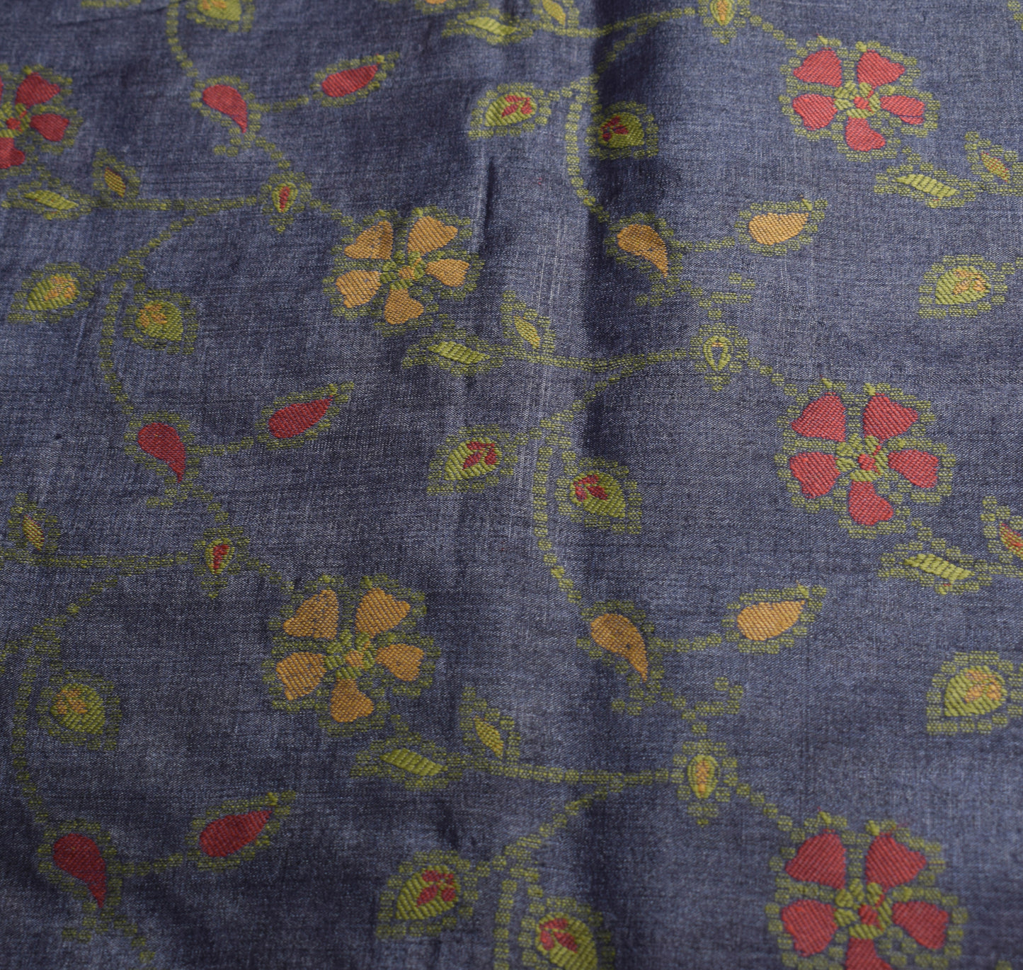 Sushila Vintage 100% Pure Tussar Silk  Saree Floral Woven Blue Sari Fabric