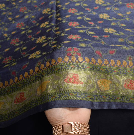 Sushila Vintage 100% Pure Tussar Silk  Saree Floral Woven Blue Sari Fabric