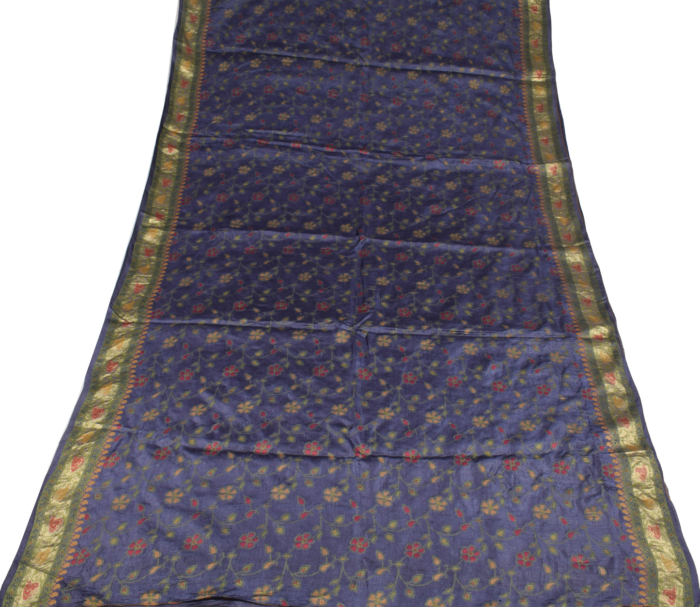 Sushila Vintage 100% Pure Tussar Silk  Saree Floral Woven Blue Sari Fabric