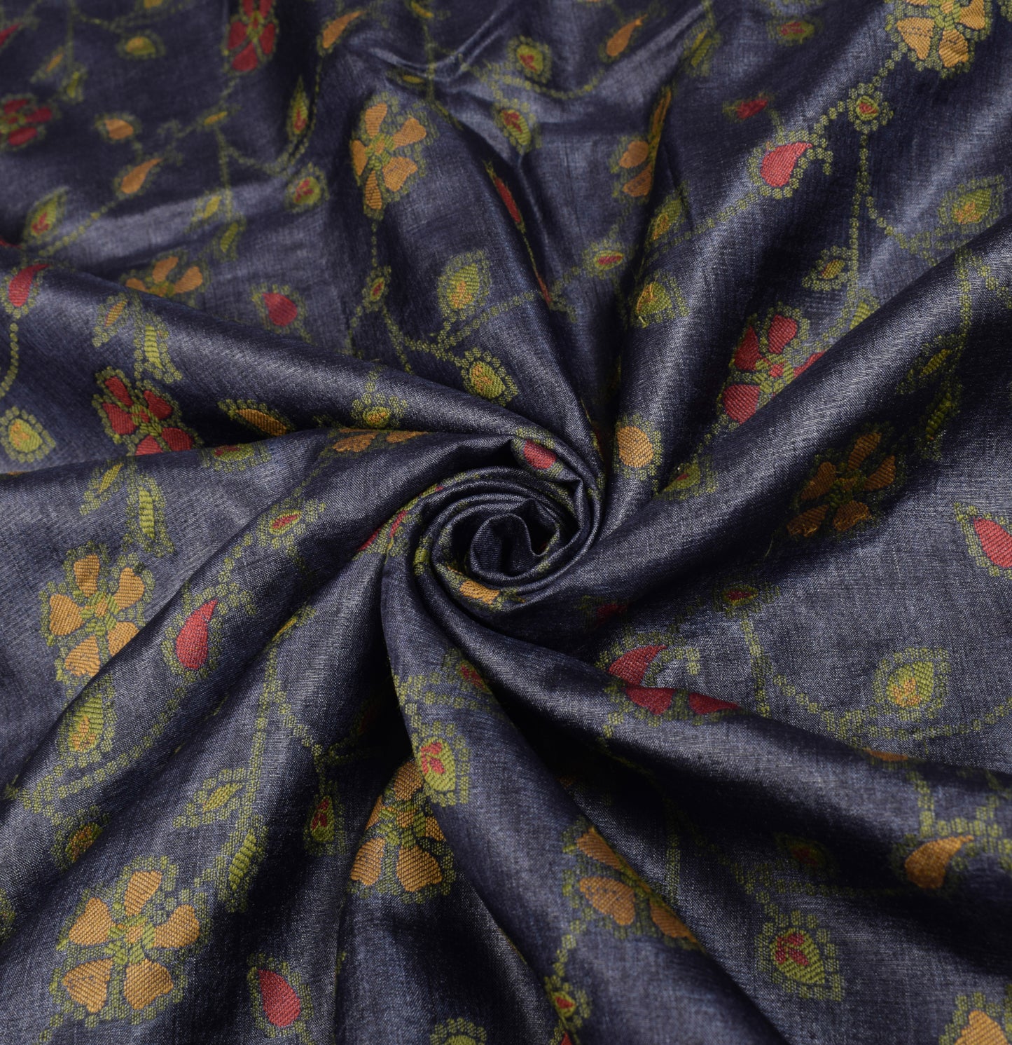 Sushila Vintage 100% Pure Tussar Silk  Saree Floral Woven Blue Sari Fabric
