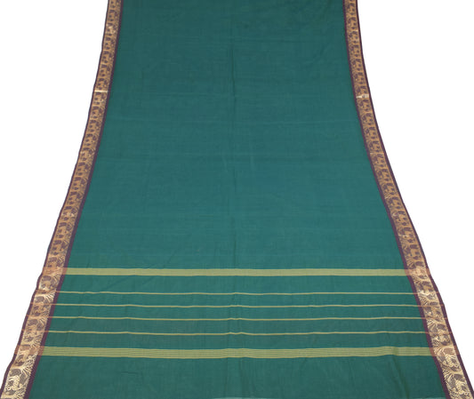 Sushila Vintage Pure Cotton Handloom Saree Dark Green Stripes Deer Woven Sari Fabric