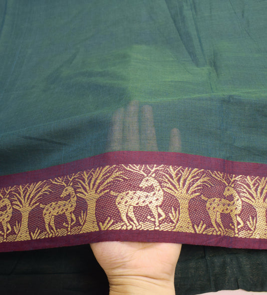 Sushila Vintage Pure Cotton Handloom Saree Dark Green Stripes Deer Woven Sari Fabric