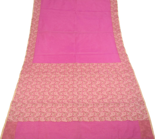 Sushila Vintage Purplish Pink Saree Art Cotton Silk Floral Woven Sari Craft Fabric