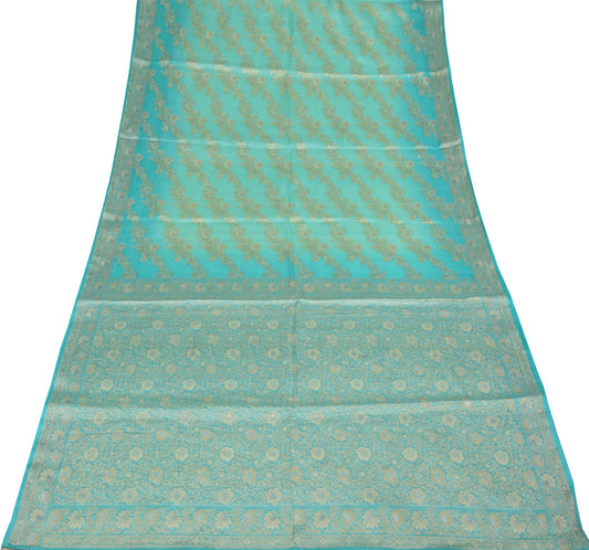 Sushila Vintage Aqua Resham Woven  Saree Pure Tussar Silk Sari Craft Fabric