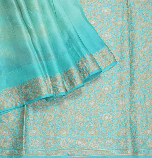 Sushila Vintage Aqua Resham Woven  Saree Pure Tussar Silk Sari Craft Fabric
