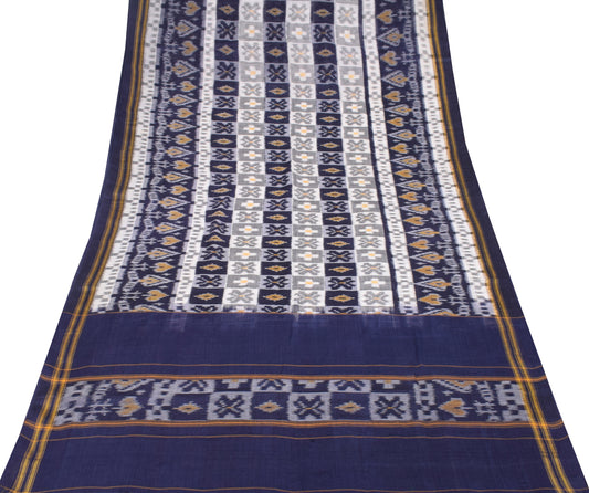 Sushila Vintage Pure Sambalpuri Cotton Sari handloom Ikat Blue White Saree Fabric