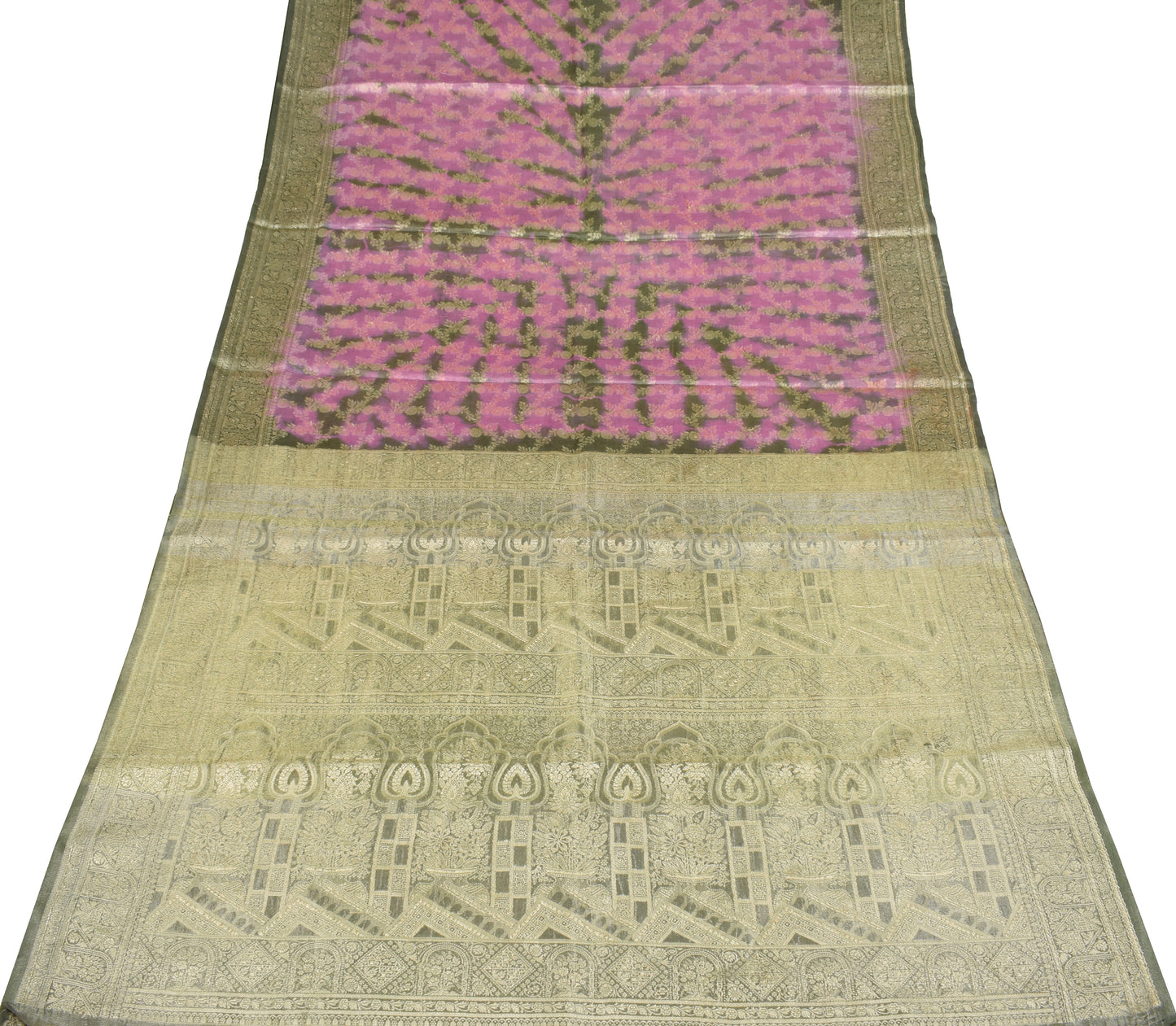 Sushila Vintage Pure Tussar Silk Saree Mauve & Green Woven Sari Craft Fabric