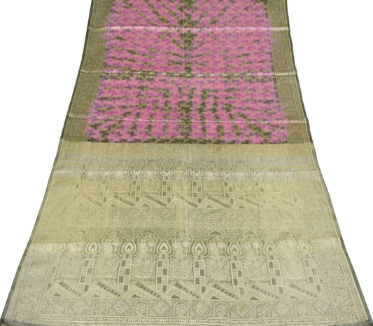 Sushila Vintage Pure Tussar Silk Saree Mauve & Green Woven Sari Craft Fabric