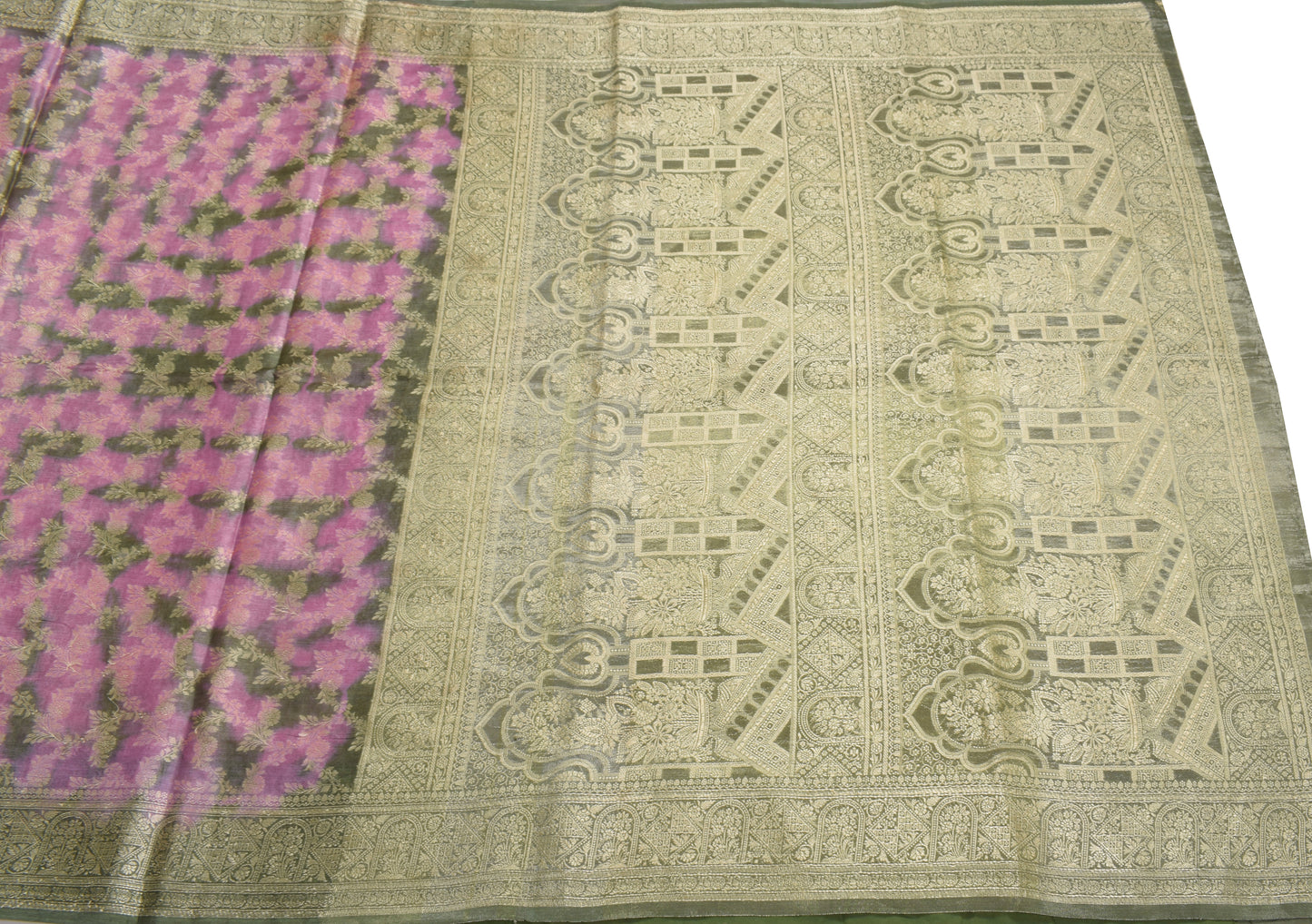 Sushila Vintage Pure Tussar Silk Saree Mauve & Green Woven Sari Craft Fabric