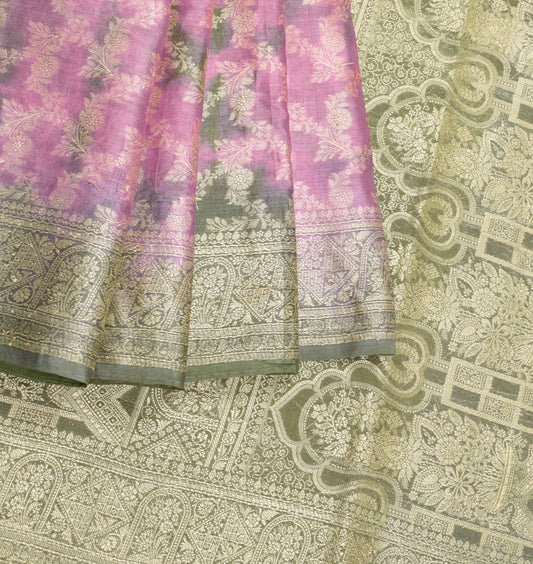 Sushila Vintage Pure Tussar Silk Saree Mauve & Green Woven Sari Craft Fabric