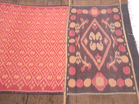 Sushila Vintage Pochampally Ikat Saree Pure Cotton Silk Hand Woven Pink Sari Fabric