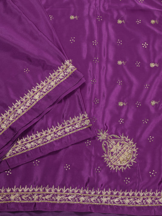 Sushila Vintage Zardozi Work Saree HEAVY Art Creep Silk Purple Soft Sari Fabric
