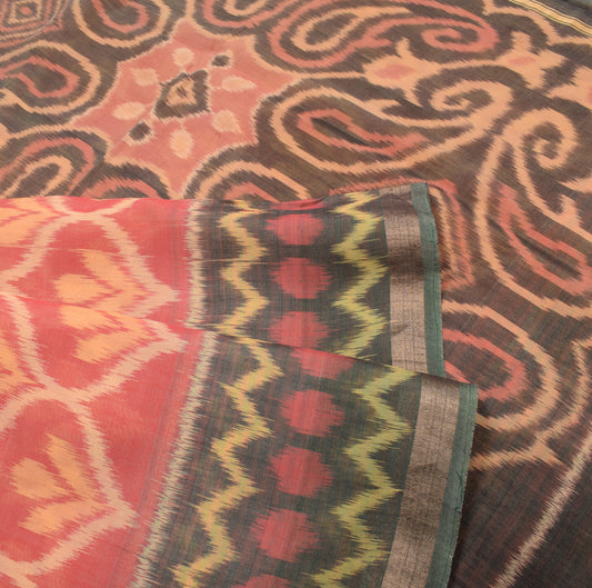 Sushila Vintage Pochampally Ikat Saree Pure Cotton Silk Hand Woven Red Sari Fabric