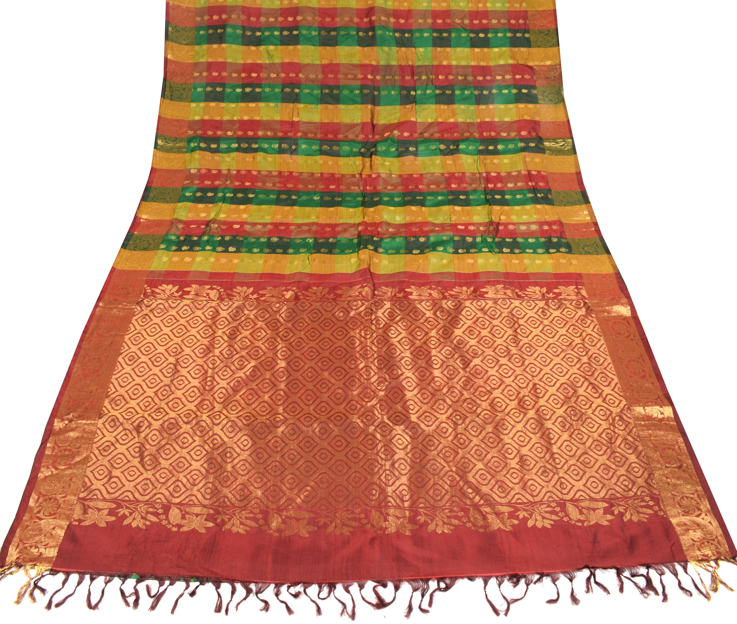 Sushila Vintage Pure Kanjivaram Silk Saree Multi-Color Checks Woven HEAVY Sari Fabric