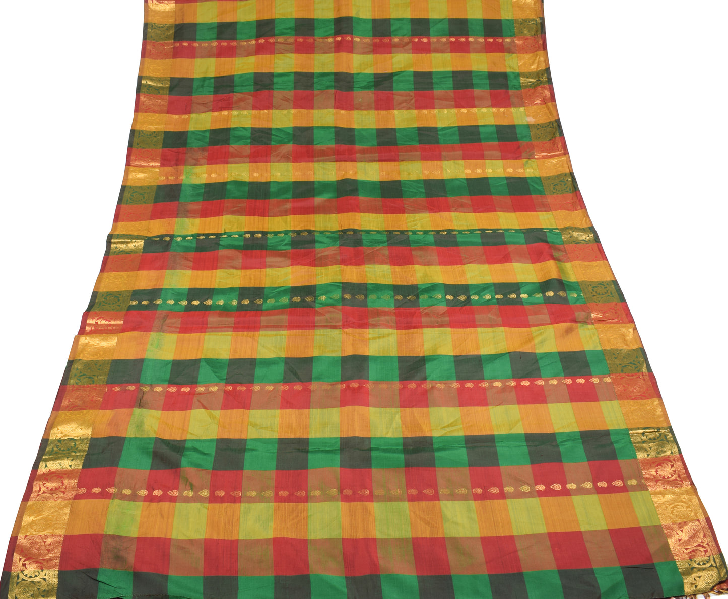 Sushila Vintage Pure Kanjivaram Silk Saree Multi-Color Checks Woven HEAVY Sari Fabric