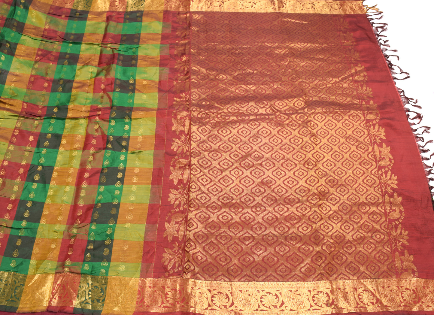 Sushila Vintage Pure Kanjivaram Silk Saree Multi-Color Checks Woven HEAVY Sari Fabric