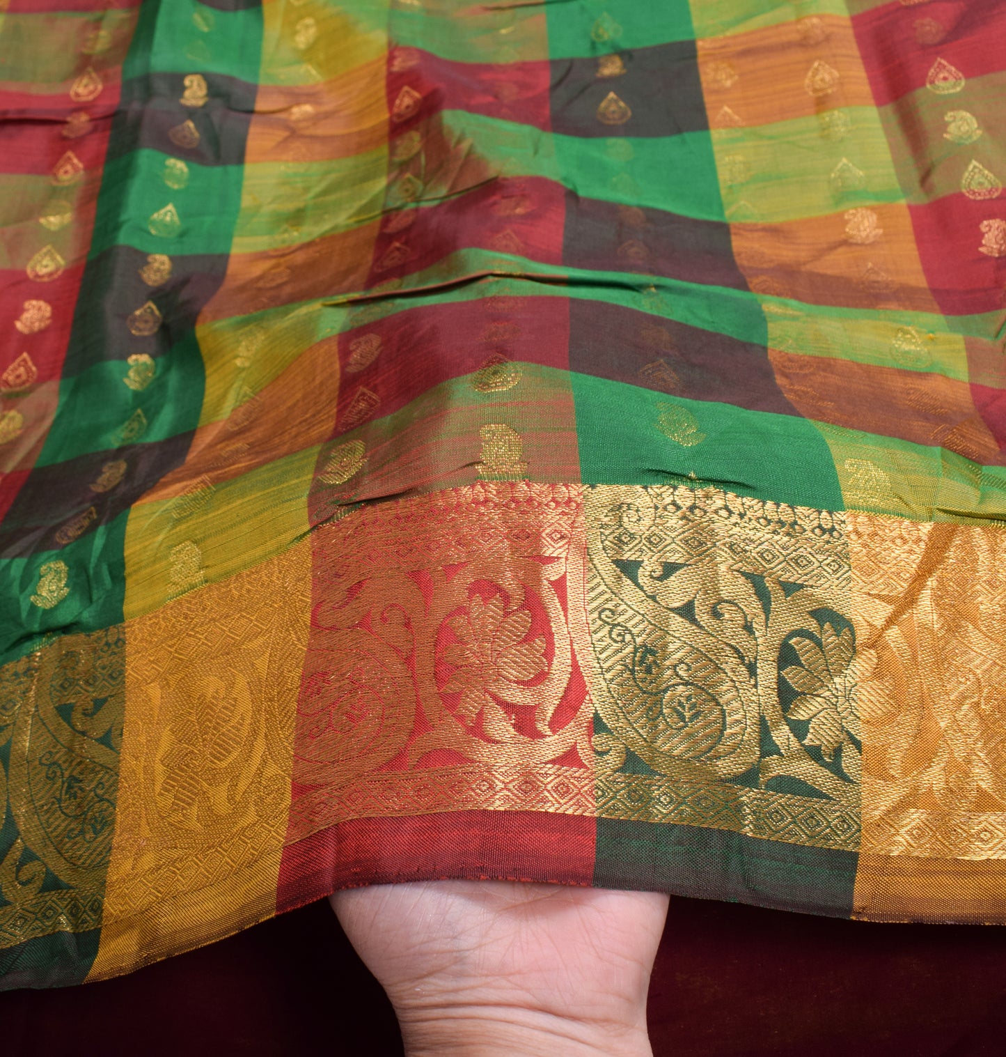 Sushila Vintage Pure Kanjivaram Silk Saree Multi-Color Checks Woven HEAVY Sari Fabric