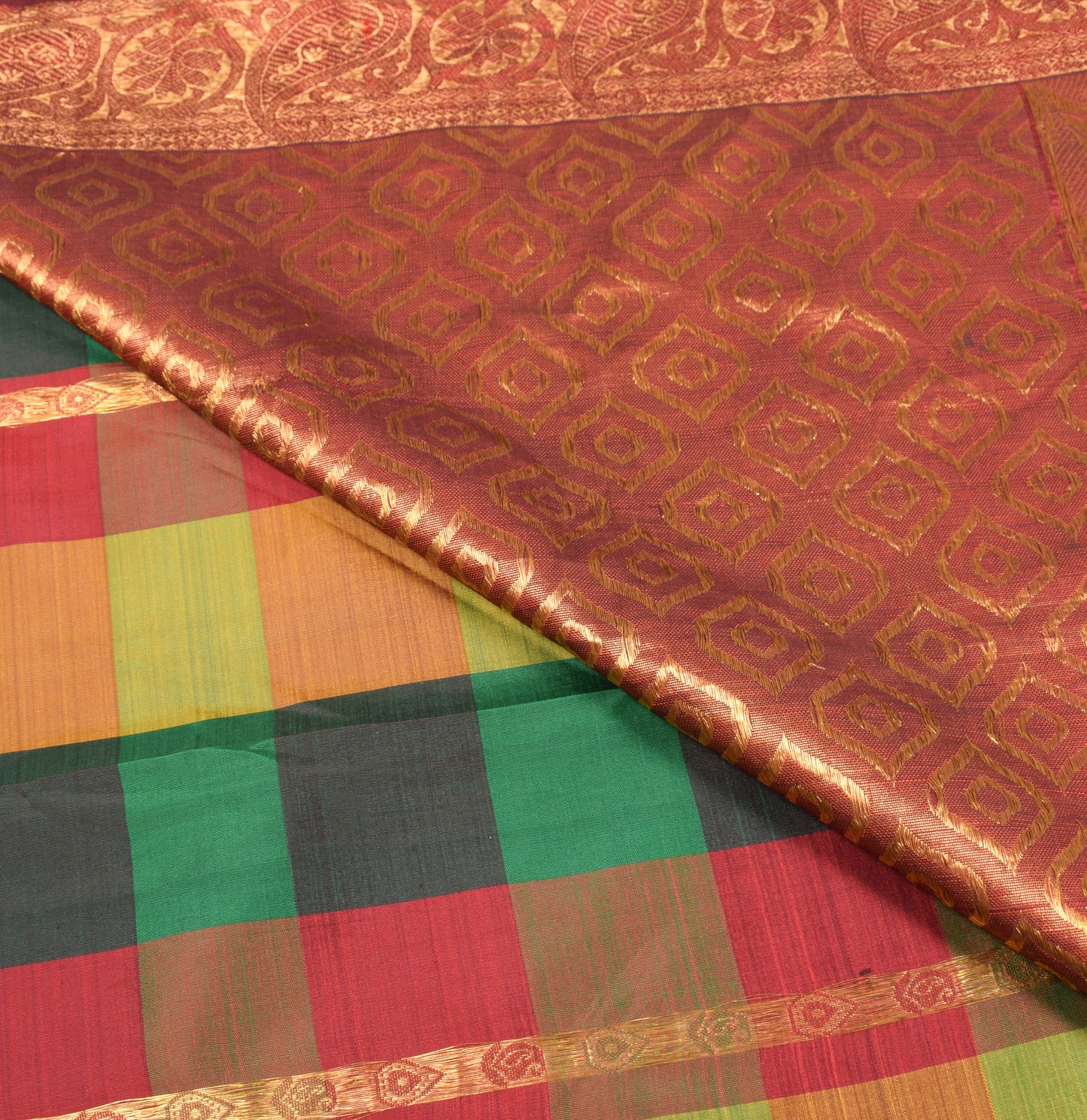 Sushila Vintage Pure Kanjivaram Silk Saree Multi-Color Checks Woven HEAVY Sari Fabric