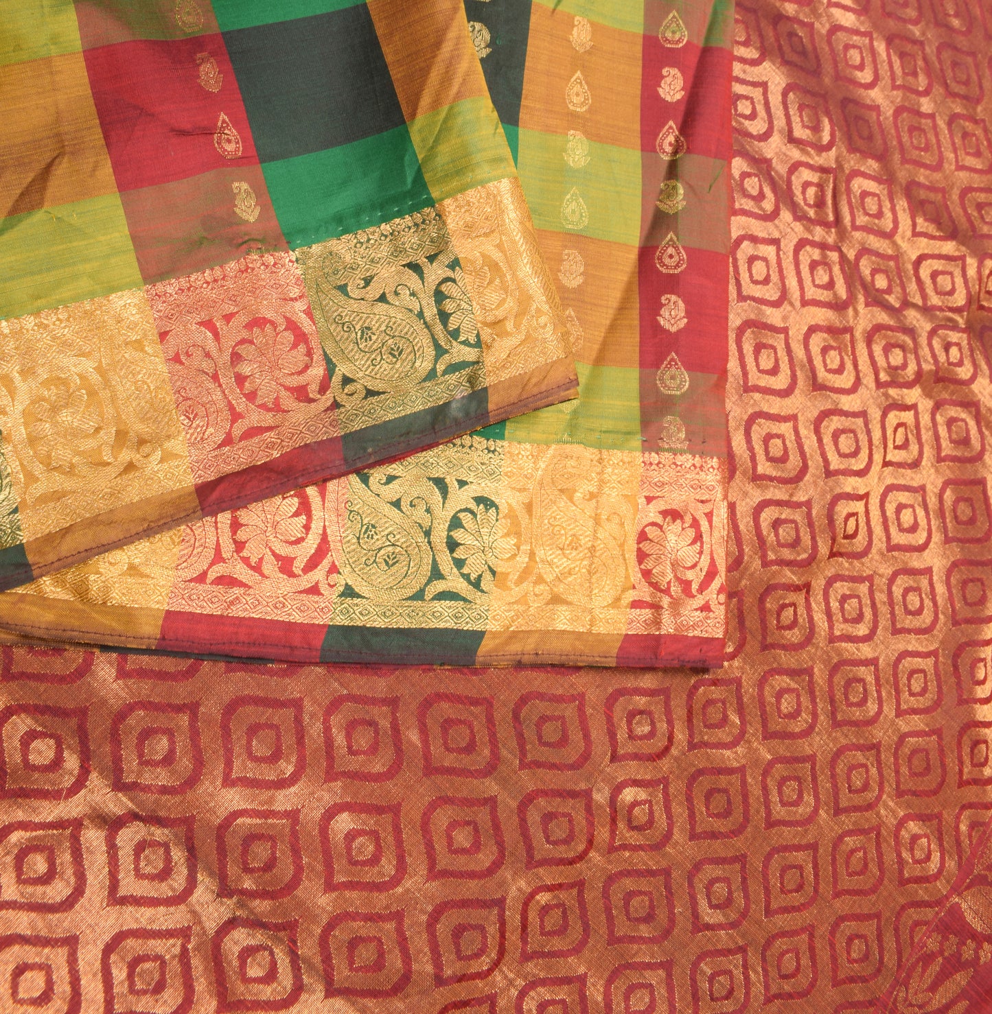 Sushila Vintage Pure Kanjivaram Silk Saree Multi-Color Checks Woven HEAVY Sari Fabric