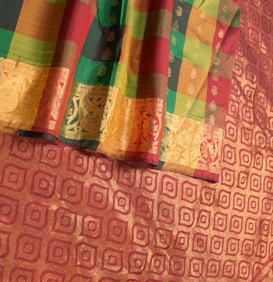 Sushila Vintage Pure Kanjivaram Silk Saree Multi-Color Checks Woven HEAVY Sari Fabric