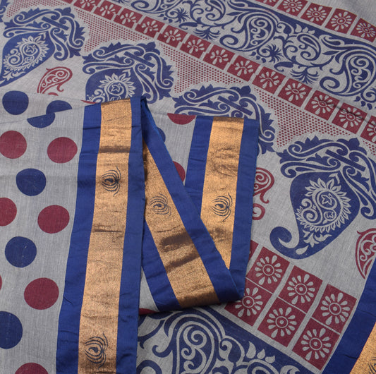 Sushila Vintage Pure Cotton Silk Saree Gray Printed & Woven Sari Fabric