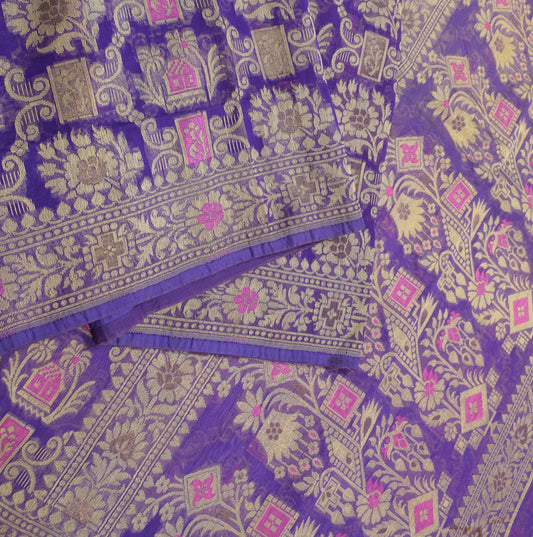 Sushila Vintage Purple Saree Floral Woven Pure Organza Silk Sari Craft Fabric