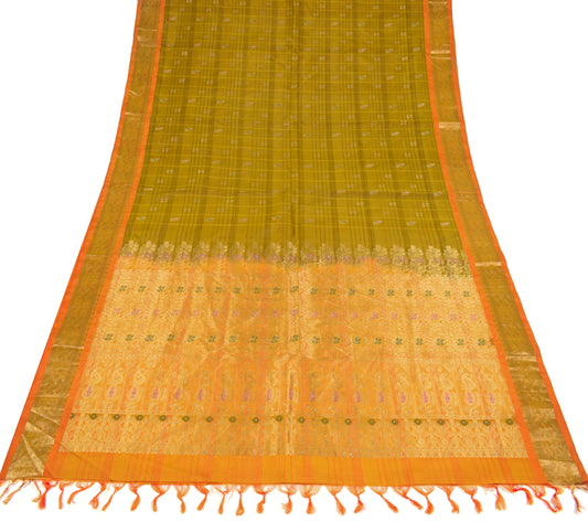 Sushila Vintage Green Orange Saree Kanchipuram Bridal Pure Silk Brocade Sari Fabric