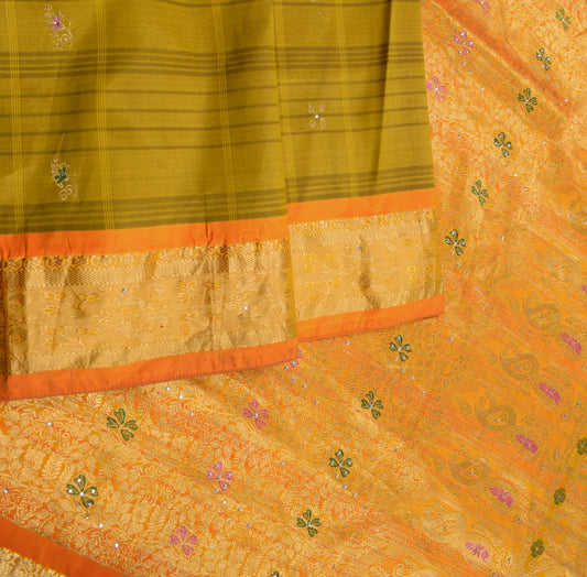 Sushila Vintage Green Orange Saree Kanchipuram Bridal Pure Silk Brocade Sari Fabric