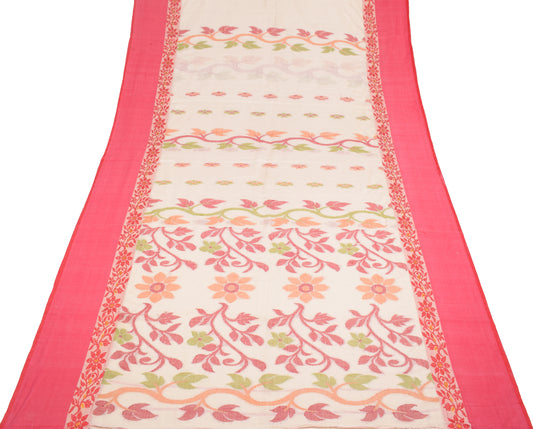 Sushila Vintage Hand Woven Jamdani Saree Pure Cotton Cream Bengal Sari Fabric