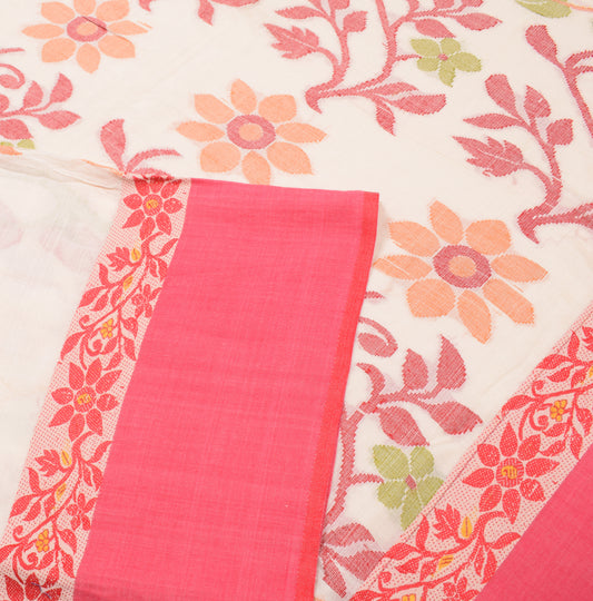 Sushila Vintage Hand Woven Jamdani Saree Pure Cotton Cream Bengal Sari Fabric
