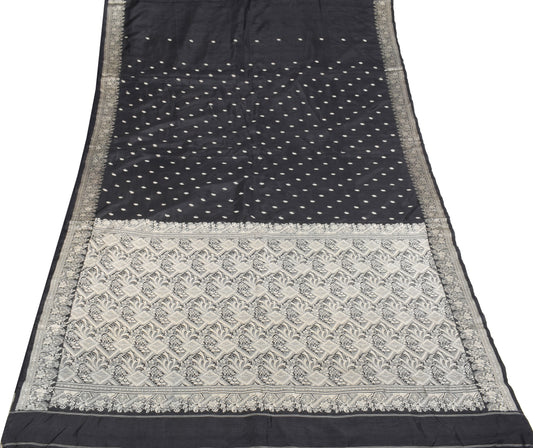 Sushila Vintage Black Woven Saree Pure Silk 6YD Soft Sari Craft Fabric