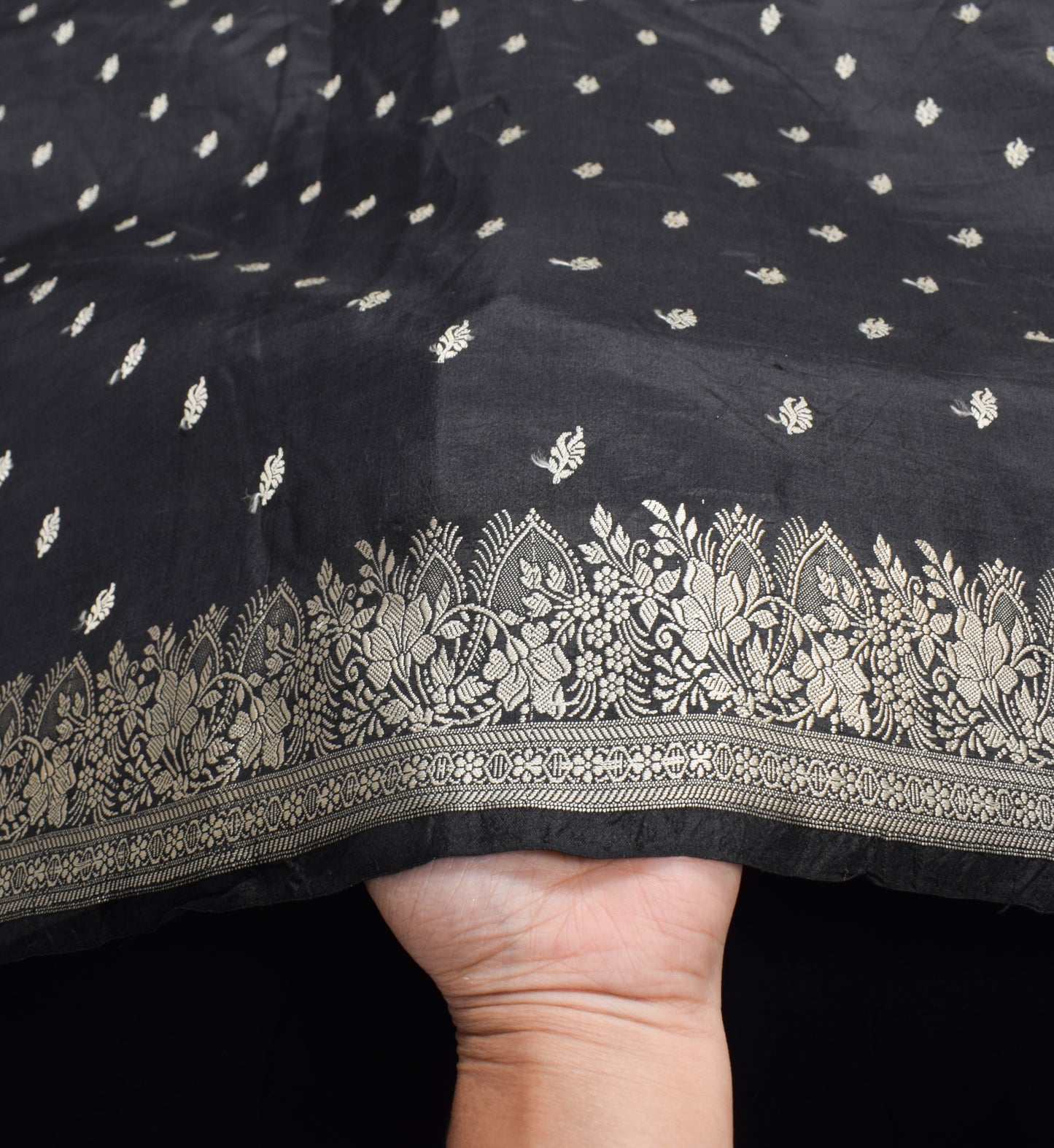 Sushila Vintage Black Woven Saree Pure Silk 6YD Soft Sari Craft Fabric