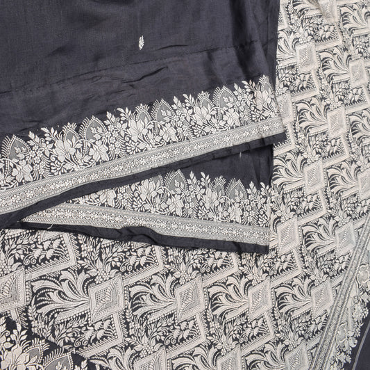 Sushila Vintage Black Woven Saree Pure Silk 6YD Soft Sari Craft Fabric