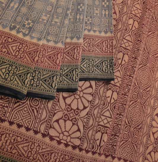 Sushila Vintage Banarasi Handloom Saree HEAVY Pure Silk Gray Hand Woven Sari Fabric