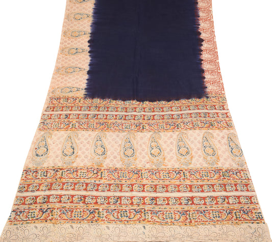 Sushila Vintage Handmade Kalamkari Saree Pure Cotton Dark Blue Soft Sari 6YD Fabric
