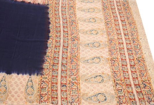 Sushila Vintage Handmade Kalamkari Saree Pure Cotton Dark Blue Soft Sari 6YD Fabric