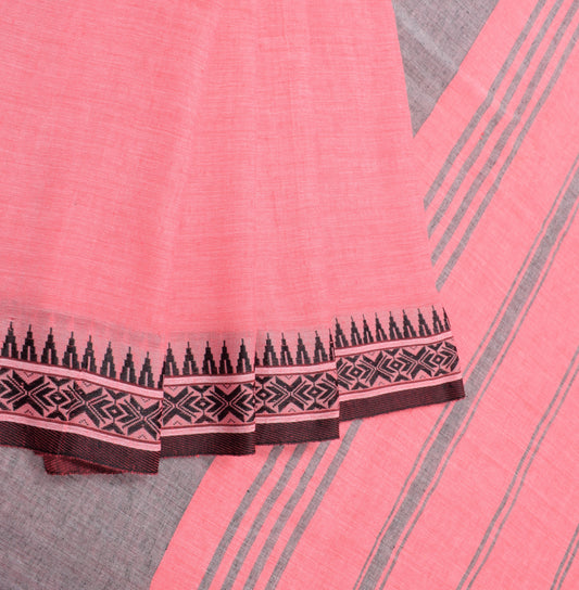 Sushila Vintage Temple Border Woven Saree Handloom Cotton Art Pink Sari Fabric